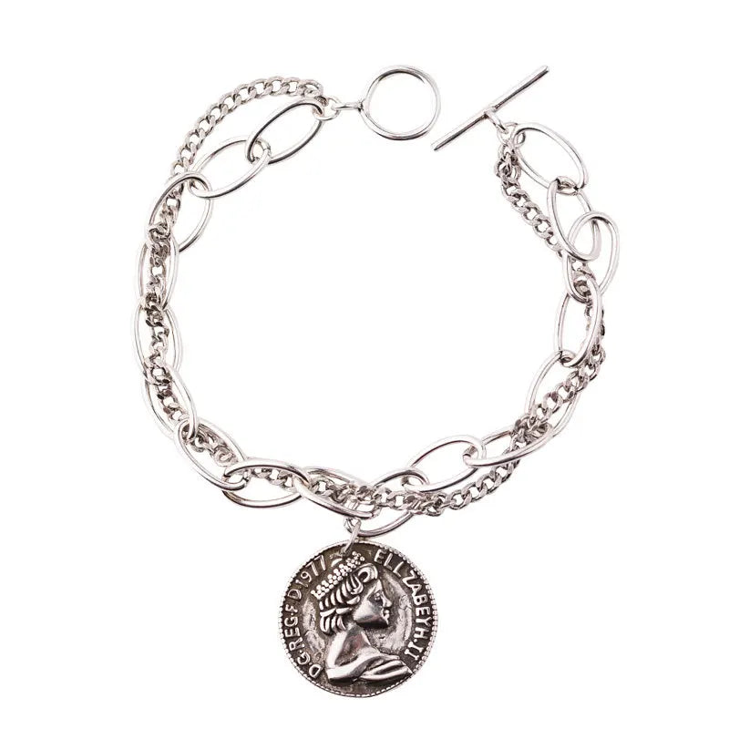 ANENJERY Silver Color Round Coin Bracelet for Women Men Thick Chain Thai Silver Bracelet Gifts