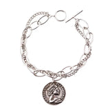 ANENJERY Silver Color Round Coin Bracelet for Women Men Thick Chain Thai Silver Bracelet Gifts