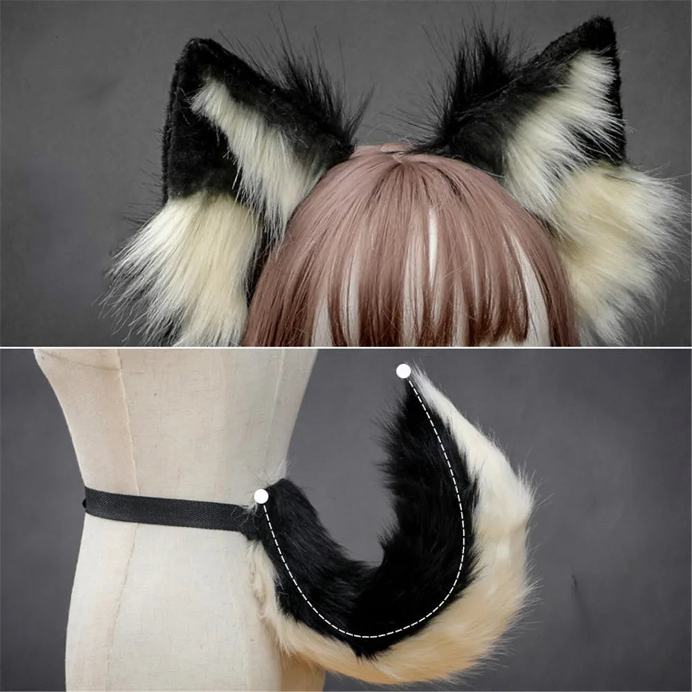 Plush Dog Cat Ears Cosplay Lolita Headband Dog Cat Tail Lolita Accessories Hand-made Animal Ears Headwear Kawaii Accessories