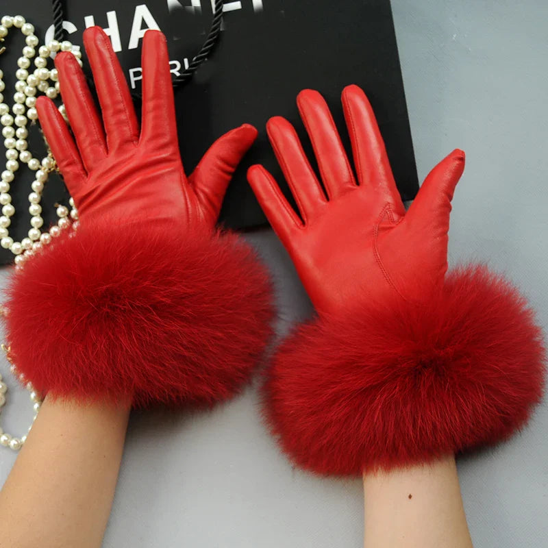 Real Sheepskin Fox Fur Gloves Women's Genuine Leather Glove Winter Warm Fashion Style Natural Fluffy Fox Fur Oversized Customize