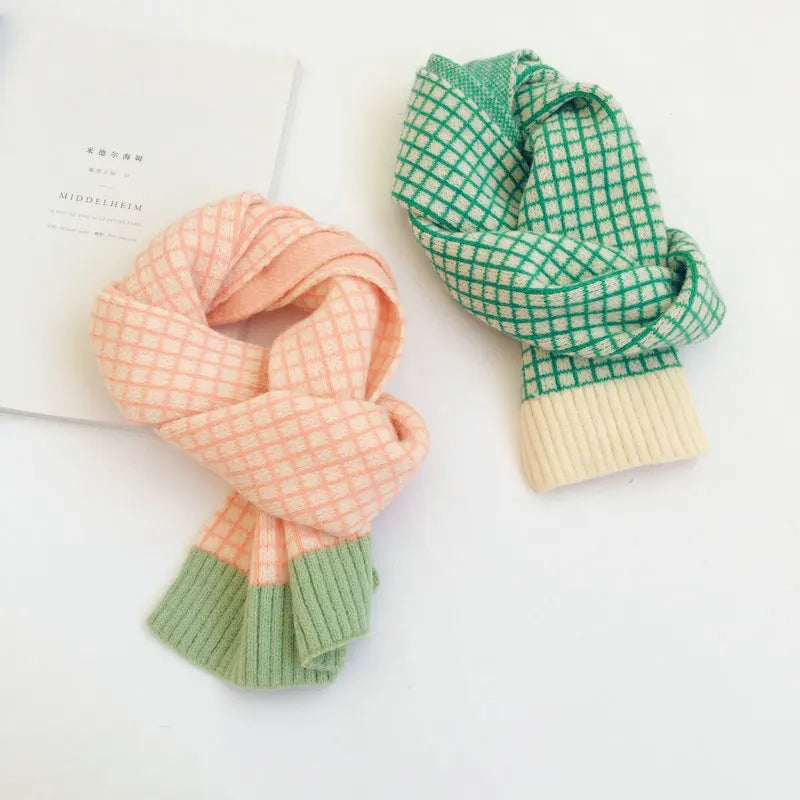 Korean Style New Winter Kid Knitted Wool Plaid Scarves Thicken Warm Children Shawl Patchwork Neckerchief