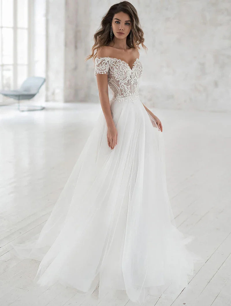 Boho Beach Wedding Dress 2021 Off The Shoulder V-Neck Appliqued Bride Dresses A Line Elegant Lace Wedding Bridal Gowns Bohemian