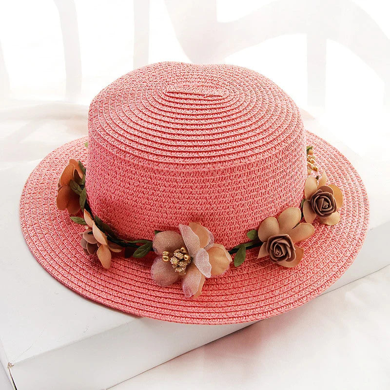 2019 Parent-child Summer New Women's Sun Hat Bucket cap beige lace Bowknot Flowers Ribbon Flat top Straw Hat Beach Caps Panama