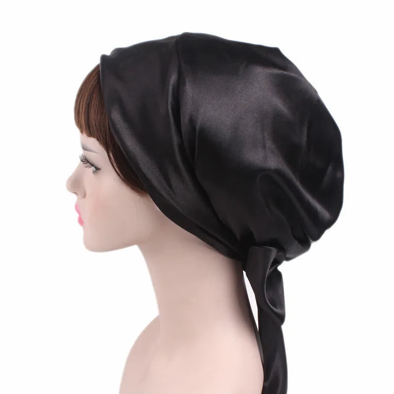 New Women Silk Satin Night Sleeping Cap Head Wrap Bowknot Turban Pre Tied Fitted Bandana Chemo Cap Nightcap Hair Loss Patients