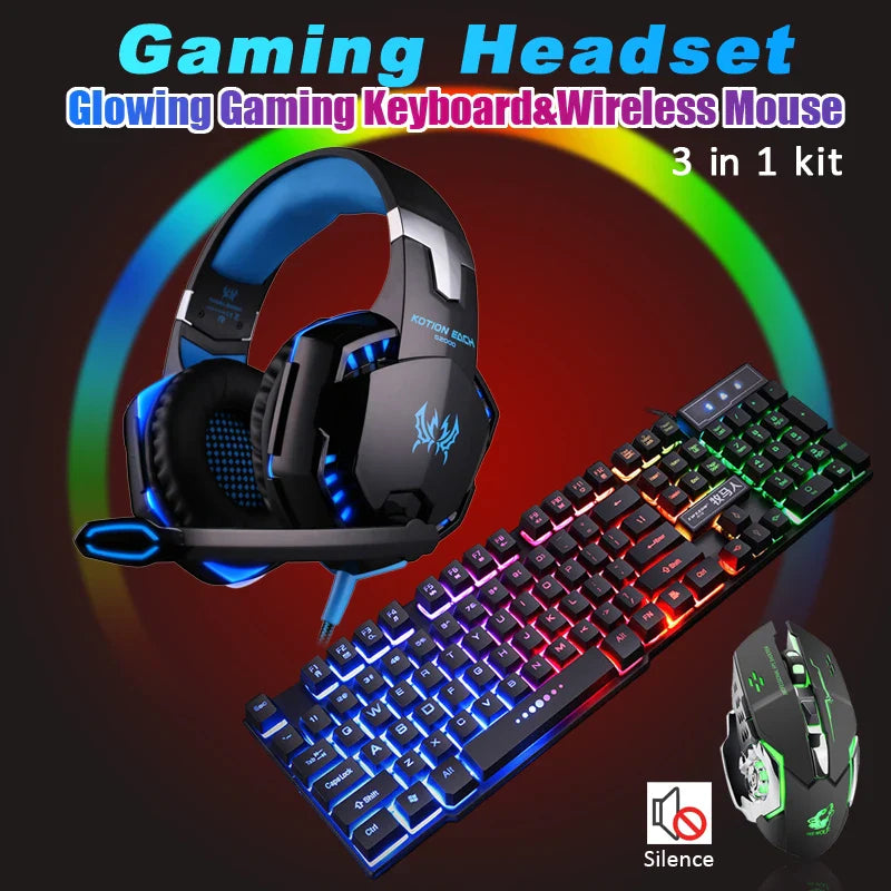 Gaming Wired Keyboard + Wireless Mouse+ Gaming Headset Deep Bass Wired Headphone with MIC for PS5/ PS4/ XBOX/ PC/ Laptop