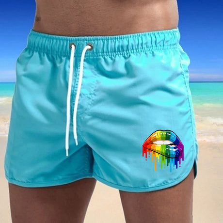 Summer Men's Shorts Lip Printing Sport Casual Fitness Breathable Training Drawstring Candy Colors Loose Male Beach Pants S-3XL