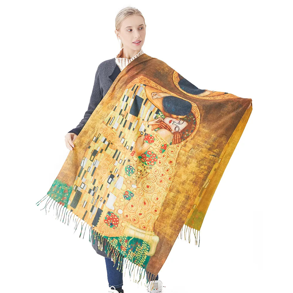 New Cashmere Scarf Women Digital Printing Pashmina Shawl Wraps Gustav Klimt Oil Painting Der Kuss Bandana Femme Foulard Tassels