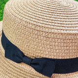 Summer New Women's Sun Hat Bucket cap Ribbon Flat top Straw Hats Beach Caps Panama Women Sun Hat Brim Bowknot  Straw Outdoor Hat