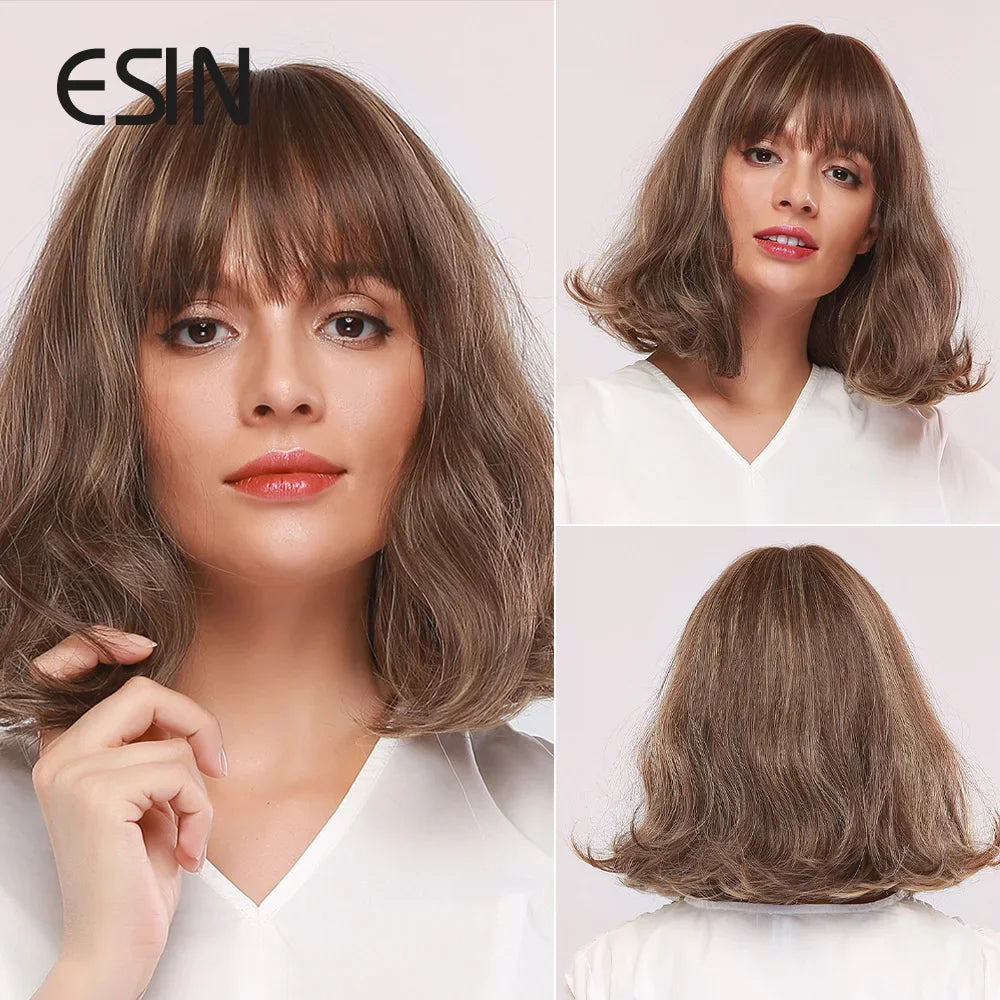 ESIN Synthetic Black Brown Medium Long Loose Body Wave Wig with Bangs Cosplay Daily Natural Wigs for Women Heat-resistant Hair