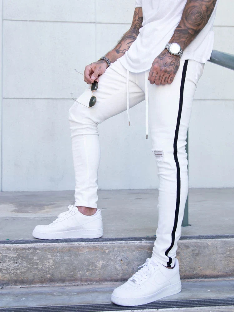 Men's Ripped Pencil Pants Men Skinny Denim Biker Side Striped Jeans Men's Fashion Foot Mouth Zipper Hip-Hop Slim Denim Trousers