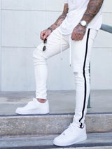 Men's Ripped Pencil Pants Men Skinny Denim Biker Side Striped Jeans Men's Fashion Foot Mouth Zipper Hip-Hop Slim Denim Trousers