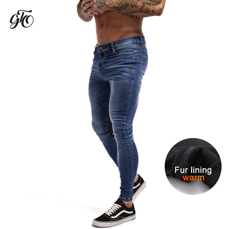 GINGTTO Jeans Men Elastic Waist Skinny Jeans Men 2020 Stretch Ripped Pants Streetwear Mens Denim Jeans Blue