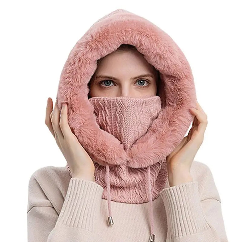 Winter 3 in1 Warm Women Knitted Ski Hat With Scarf Neck  Fleece Lined Hood Face Mask Adult Balaclava For Outdoor Sports