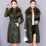 Women's Leather Jacket Winter 2023 New Add Velvet Warm Slim Big Fur Collar Long Leather Coat Female Outerwear With Belt M-4XL