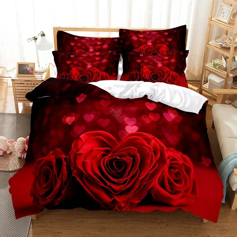 Red Rose Bedding Set Quilt Duvet Cover Comforter Pillow Case 3D HD Double Full King Queen Twin Single 3PCS 2PCS Bedroom Flower