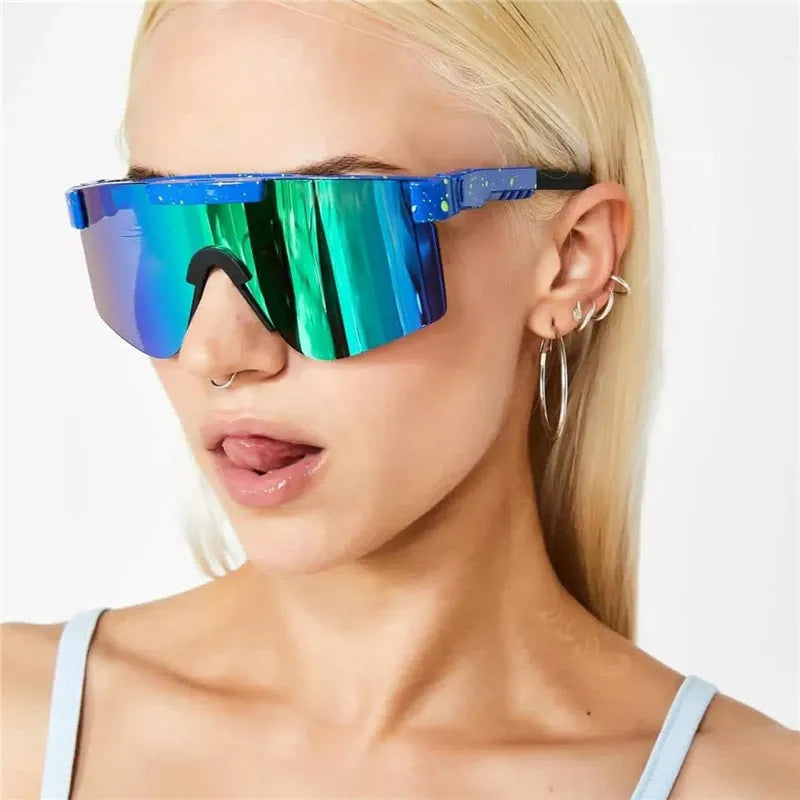 2021 Outdoor Goggle Sun Glasses Women Men Blue Frame Mirrored Lens Windproof Sport Flat Top Polarized Sunglasses Men/Woman UV400