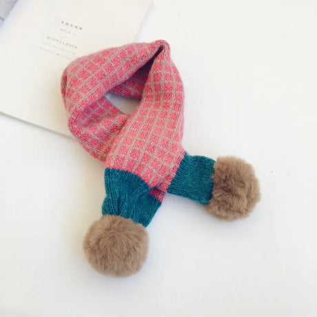 New Winter Children Plaid Knitted Scarves Korean Style Soft Pompon Patchwork Shawl Kids Warm Neckerchief