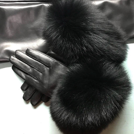 Real Sheepskin Fox Fur Gloves Women's Genuine Leather Glove Winter Warm Fashion Style Natural Fluffy Fox Fur Oversized Customize