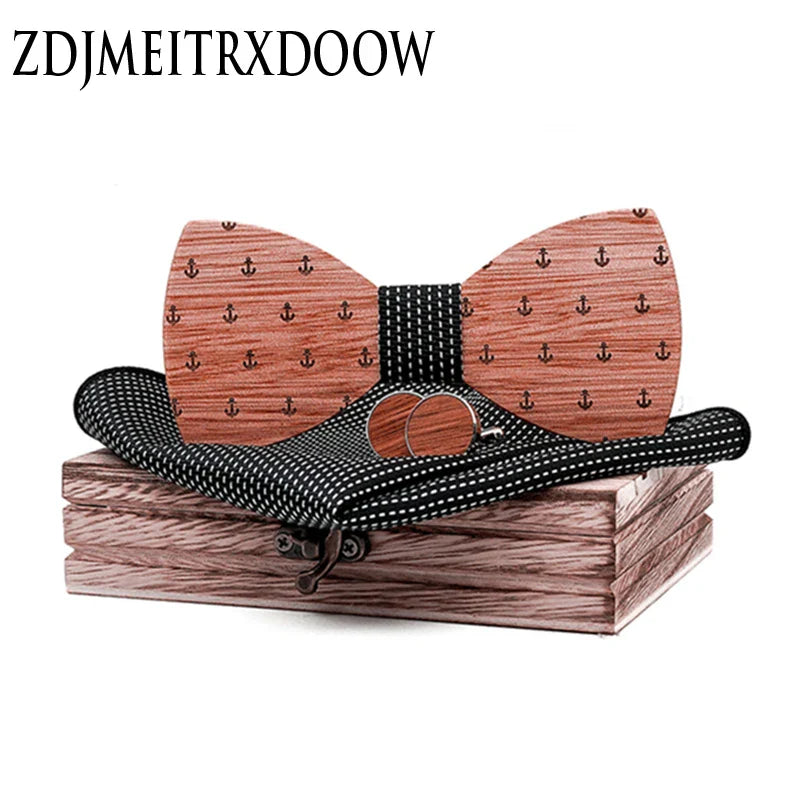 Adjustable Walnut Wooden Bow Tie For Men Pocket Square Cufflinks Brooch Set And Wood Box Suit Wedding Novelty Neck Ties anchor