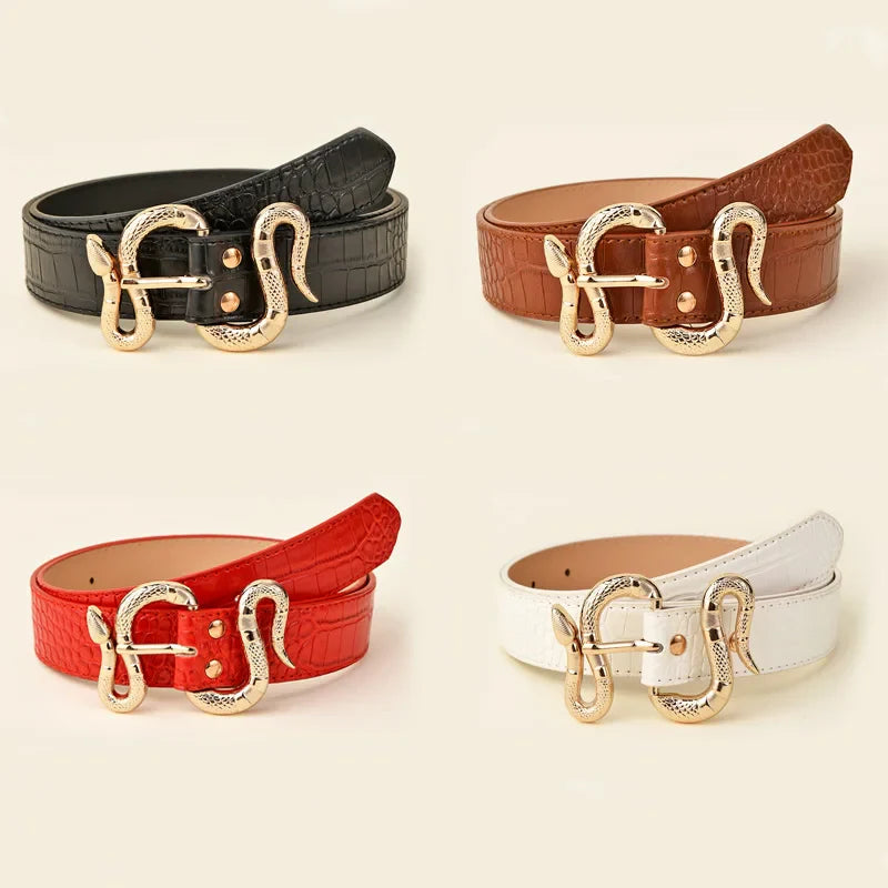 Fashion Women&#39;s PU Imitation Crocodile Leather Belt Metal S Snake-Shaped Buckle Strap All-Match Trend Decoration Jeans Waistband