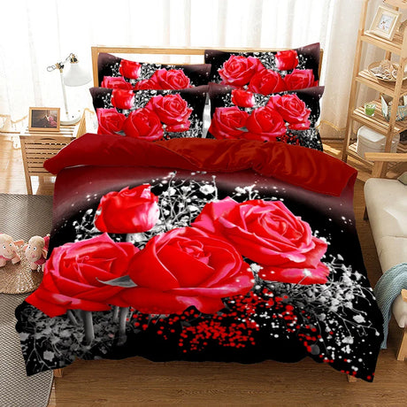 Red Rose Bedding Set Quilt Duvet Cover Comforter Pillow Case 3D HD Double Full King Queen Twin Single 3PCS 2PCS Bedroom Flower