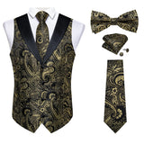 Brand Suit Vest Set For Men Luxury Silk Black Gold Paisley Dress Vest Tie Cufflinks Handkerchief Set Male Sleeveless Waistcoat
