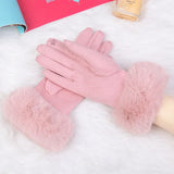 Female Faux Rabit Fur Suede Leather Touch Screen Driving Glove Winter Warm Plush Thick Embroidery Full Finger Cycling Mitten H92