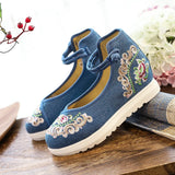 Veowalk High End Floral Embroidered Women Canvas Flat Platforms Mid Top Ankle Strap Chinese Style Ladies Casual Denim Shoes