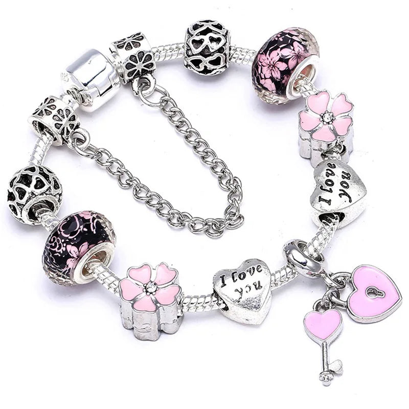 Seialoy Silver Plated Heart Key Pendant Charm Bracelets For Women Original Girls Princess Crown Beaded Bracelet Wife Jewelry