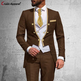 Latest Royal Blue Suit Men 3Pcs Slim Fit Wedding Best Man Groom Tuxedo Double Breasted Gold Trim Jacket Vest Pants Set Tailcoat