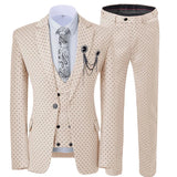 New Men's White Suit 3 Pieces Spotted Notch Lapel Slim Fit Double Breasted Vest Tuxedos Groomsmen For Wedding(Blazer+vest+Pants)