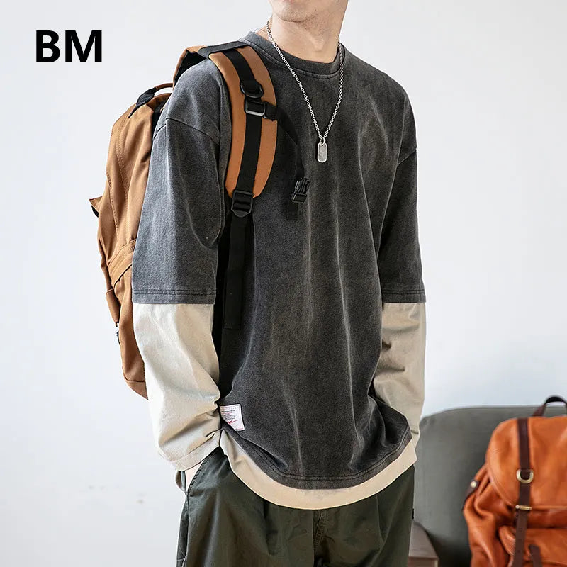 Japanese Streetwear Fake Two Sweatshirts Fashion Round Neck Loose Pullover Men Clothing Harajuku Top Hip Hop Casual Clothes