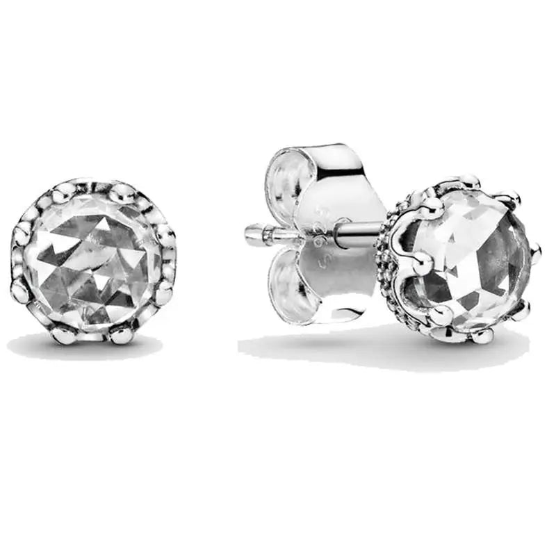 Original 925 Sterling Silver Round Sparkle Clear Sparkling Crown Stud Earrings For Women Wedding Gift Fashion Jewelry