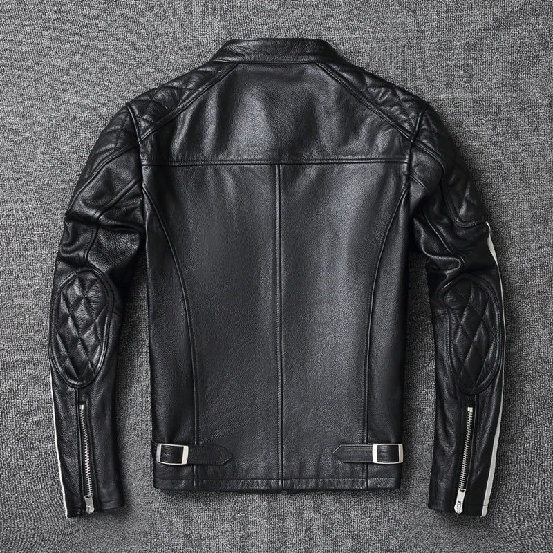 2021 New fashion Men Leather Jacket 100% Genuine Cowhide Coat  White Stripes  Cool Biker Slim Short Autumn Leather Clothing.