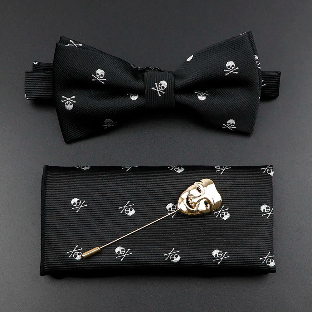 Fashion Men's Skull Tie Set New Design 8cm Polyester Suit Collar Bowtie Handkerchief Trendy Mask Brooch Luxury Wedding Accessory