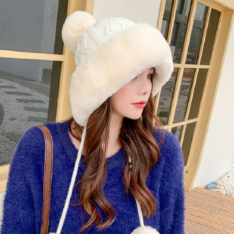 2021 New Pompom Winter Hats For Wome Earmuffs Thicken Ear-flapped Hat Fleece Lined Girl Knit Bonnets Cute Ladies Ear Beanies Cap