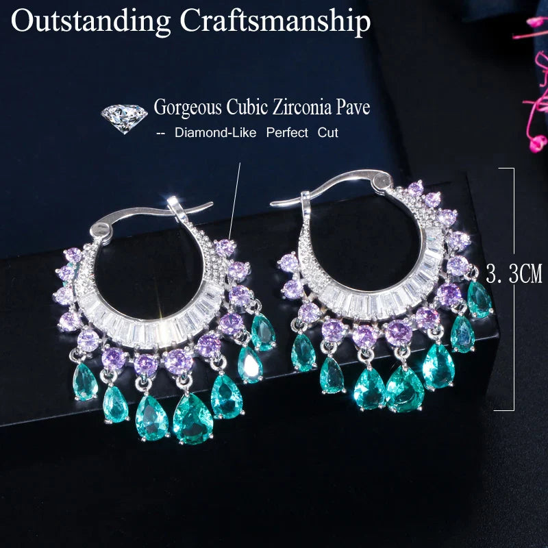 CWWZircons Brilliant CZ Crystal Green Dangling Fringed Waterdrop Round Hoop Earrings for Women New Trendy Bohemian Jewelry E0451