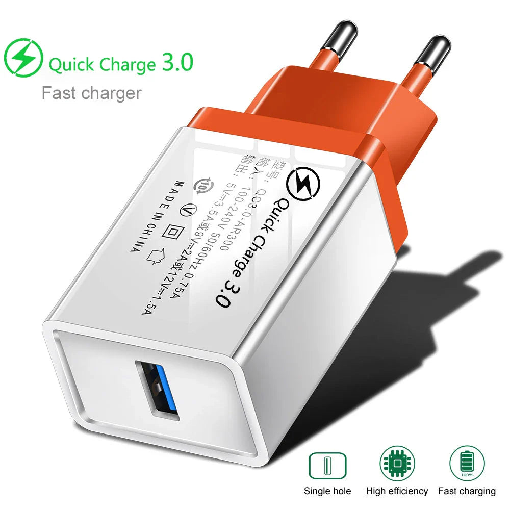 QC 3.0 USB Charger Quick charge 3.0 for iphone Samsung Xiaomi Huawei EU Adapter Charging Mobile Phone Charger Micro USB C Cable