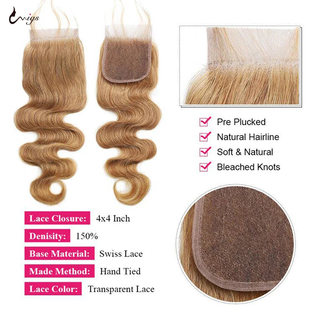 #27 Honey Blonde Human Hair Bundles with Closure Brazilian Hair Weave Bundles with Closure 10A Colored Body Wave Bundles