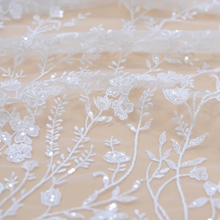 Snow White, Ivory Sequined Tulle Lace Fabric for Wedding Dress 2021 NEW Arrival High Quality Florals Embroidery Lace Free Ship