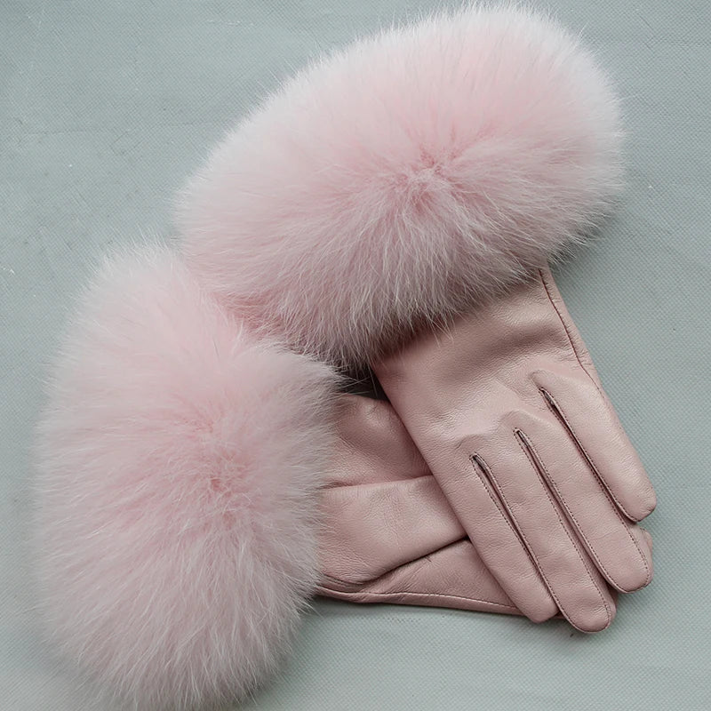 Real Sheepskin Fox Fur Gloves Women's Genuine Leather Glove Winter Warm Fashion Style Natural Fluffy Fox Fur Oversized Customize