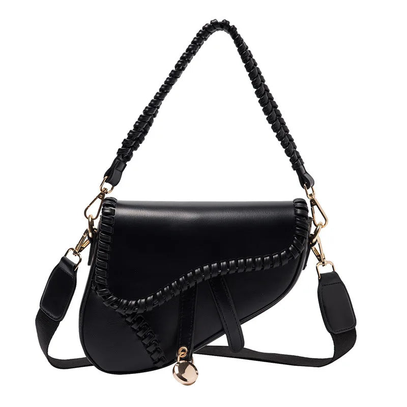 Fashion Saddle Women Bag One Shoulder Handle Trend Casual Hasp Zipper PU Material Polyester Inside Lock Ornament Bag