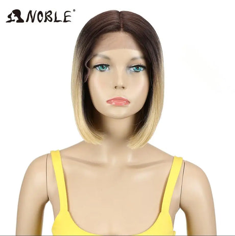 Noble Cosplay Synthetic Lace Wig Cosplay Wig Short Bob Straight 12" Color Yellow Lace Wig Ombre Blonde Wig For Black Women Wig