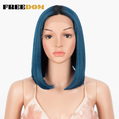 FREEDOM Straight Synthetic Lace Wigs Short Bob Ombre Blue Colorful Wigs For Black Women Cosplay Wigs Middle Part Lace Wig