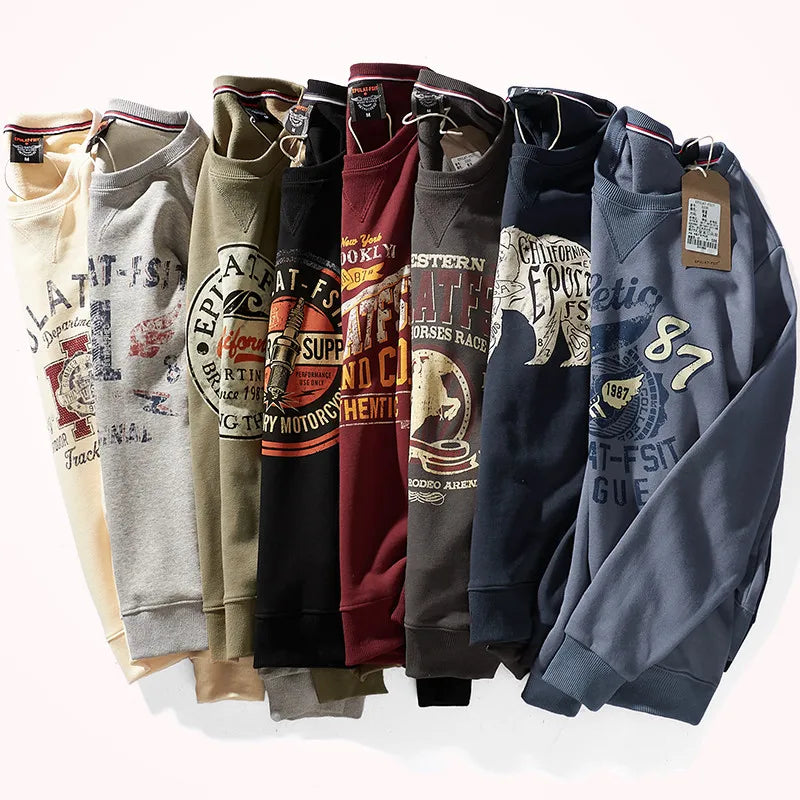 American Retro Terry Printed Hoodies Men's Pure Cotton Washed Old Round Neck Pullover Knitted Long-sleeved Casual Sweatshirts