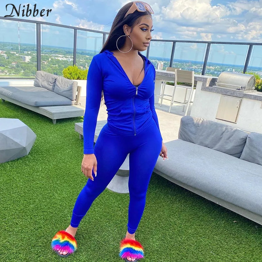 Nibber Sporty Casual Long Sleeve Hooded Zipper Solid two pieces set women Autumn Workout Skinny Top And Pants Matching Set mujer