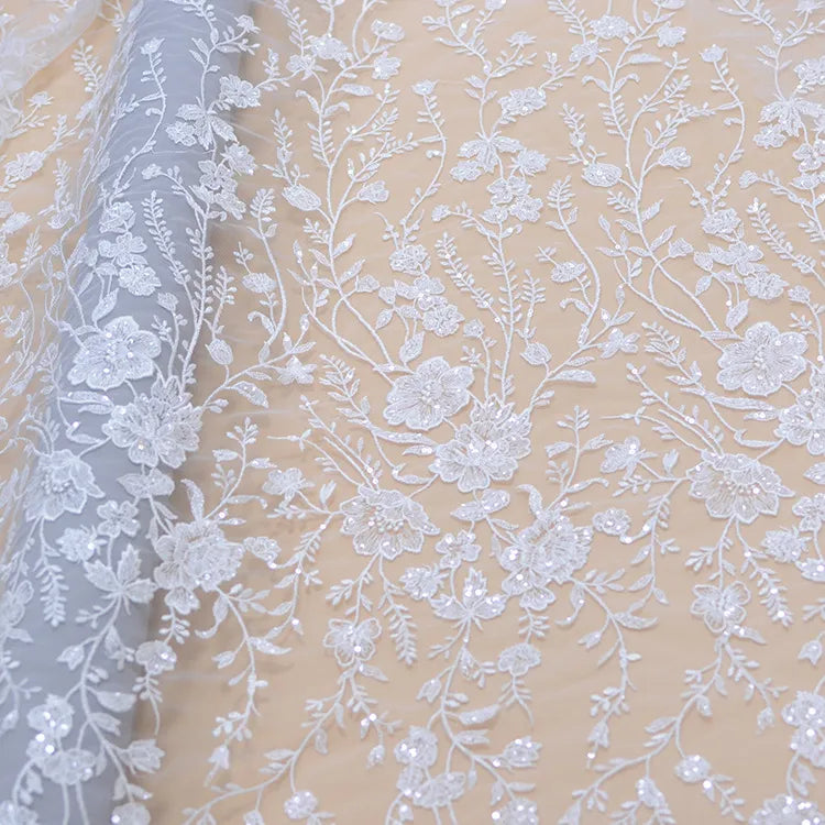 Snow White, Ivory Sequined Tulle Lace Fabric for Wedding Dress 2021 NEW Arrival High Quality Florals Embroidery Lace Free Ship