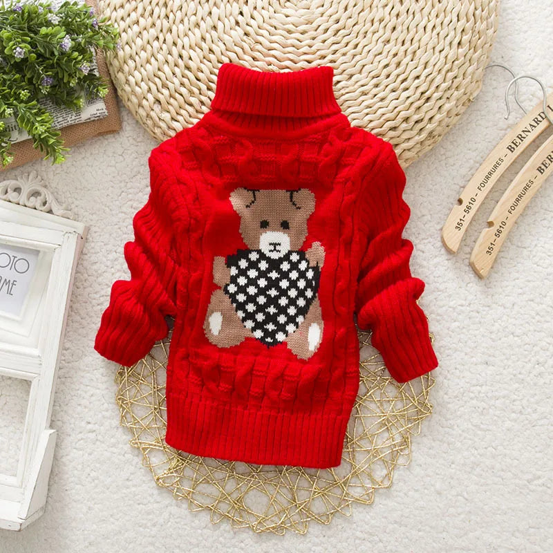 PHILOLOGY 2T-8T bear winter boy girl kid thick Knitted bottoming turtleneck shirts baby high collar pullover toddler sweater