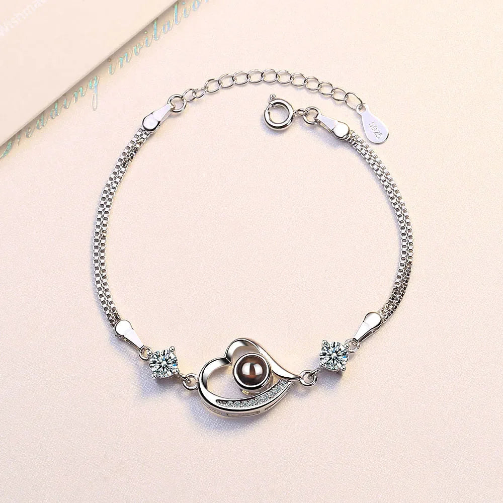 Hot Fashion 925 Sterling Silver Zirconia Projection Double Layer Heart Shaped Bracelets For Women Gift S-B242