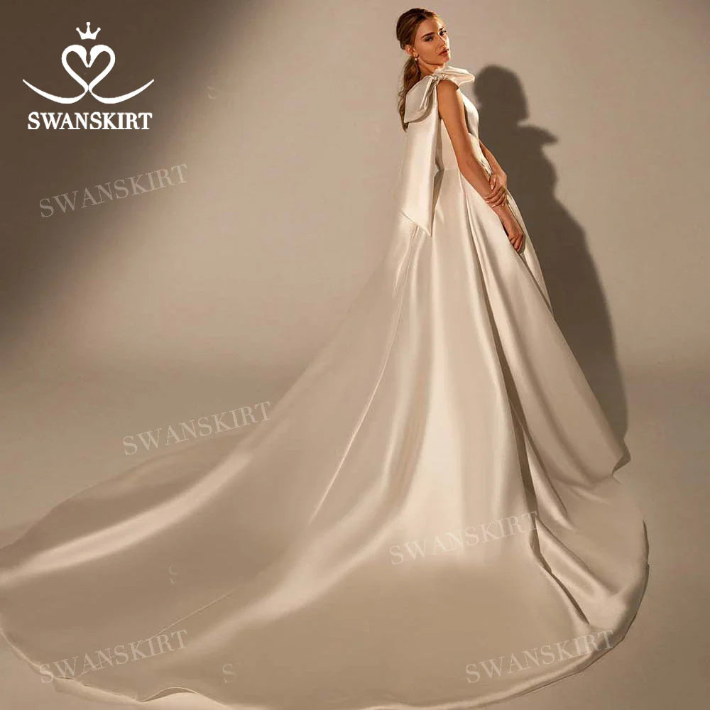 Vintage Bow Satin Wedding Dress 2024 New Fashion One Shoulder A-Line Train Bride Gown Princess SwanSarah W101 Vestido De Novia